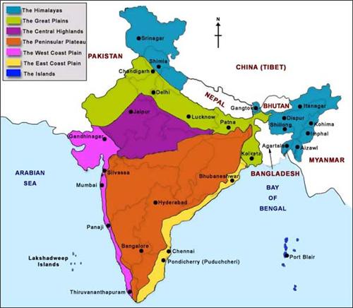 Map showing physiographic regions of India Physiographic Regions of India